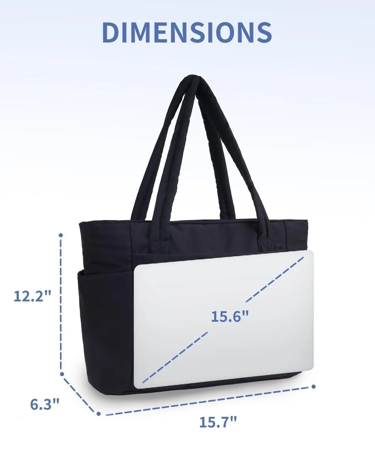 Dimensions diagram showing the size of a black quilted tote bag, including height, width, and depth.