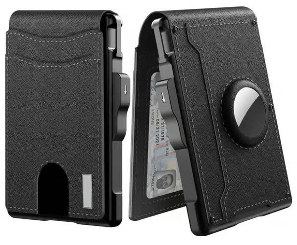 Portefeuille bi-pliable en fibre de carbone noire avec blocage RFID, en vue fermée et ouverte.