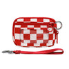 A red and white checkered zippered wallet with a silver keychain attached to a red strap.