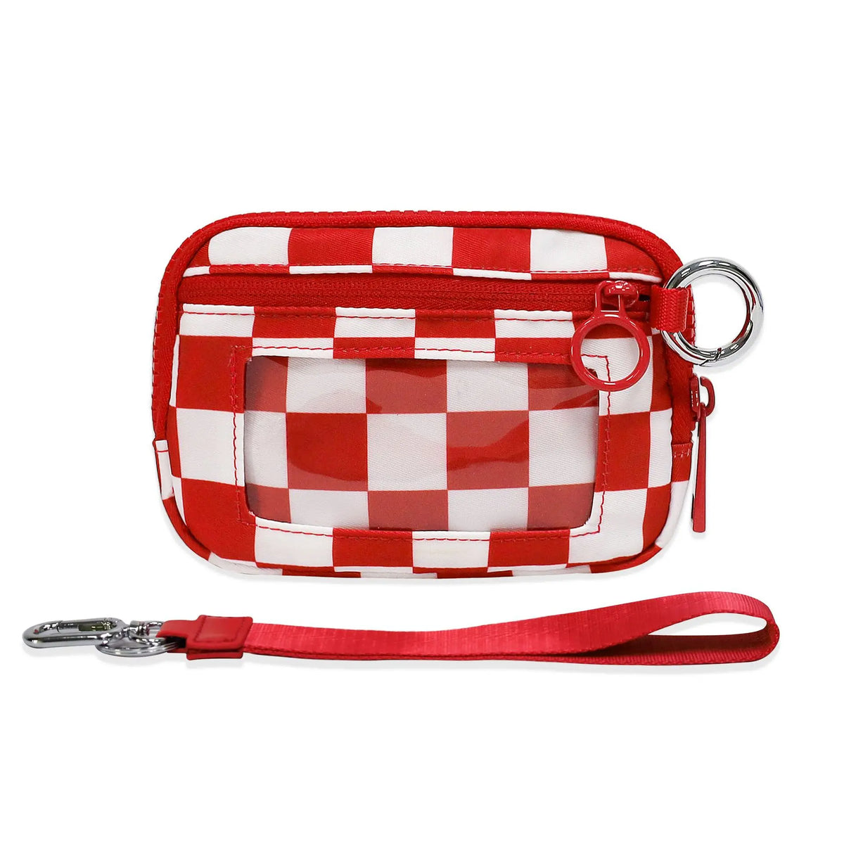 A red and white checkered zippered wallet with a silver keychain attached to a red strap.