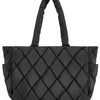 Black quilted puffy tote bag with a handle and laptop compartment
