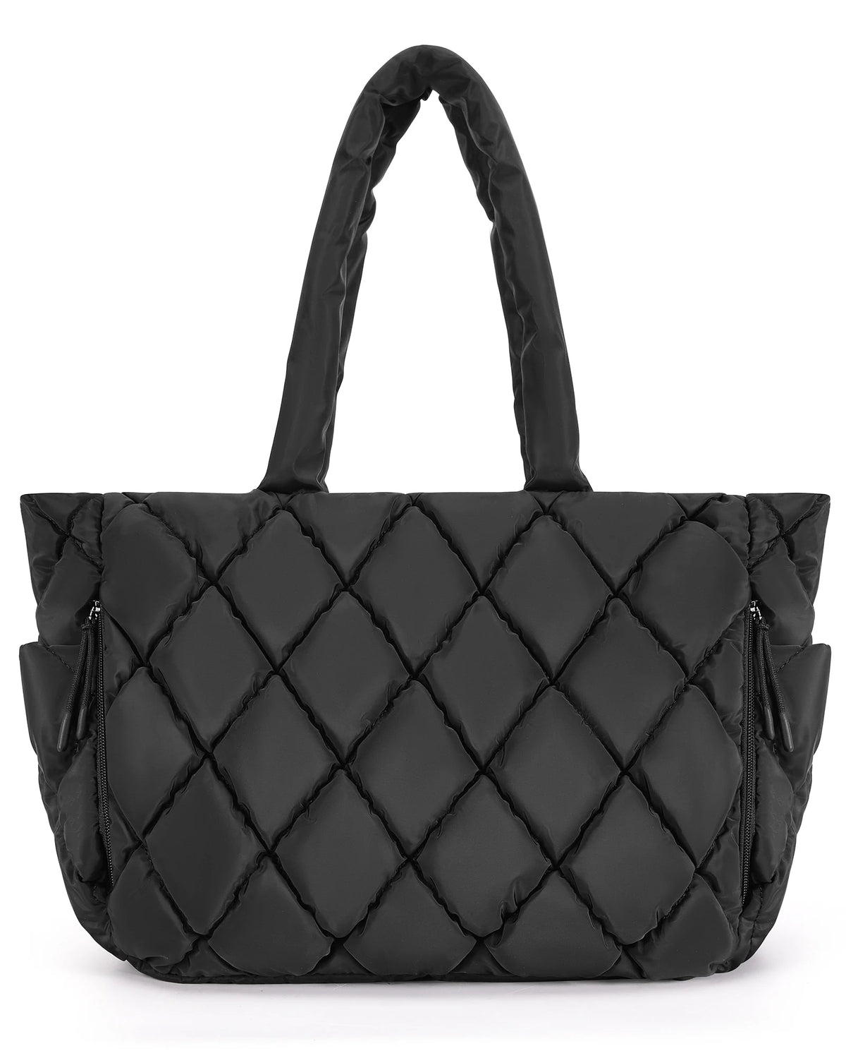 Black quilted puffy tote bag with a handle and laptop compartment