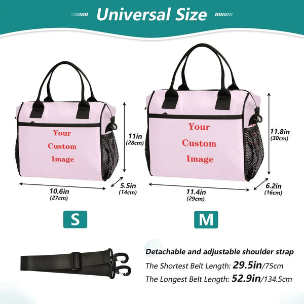 Bolsa de almuerzo aislada rosa con correa negra y opciones de imagen personalizables en talla S y M.