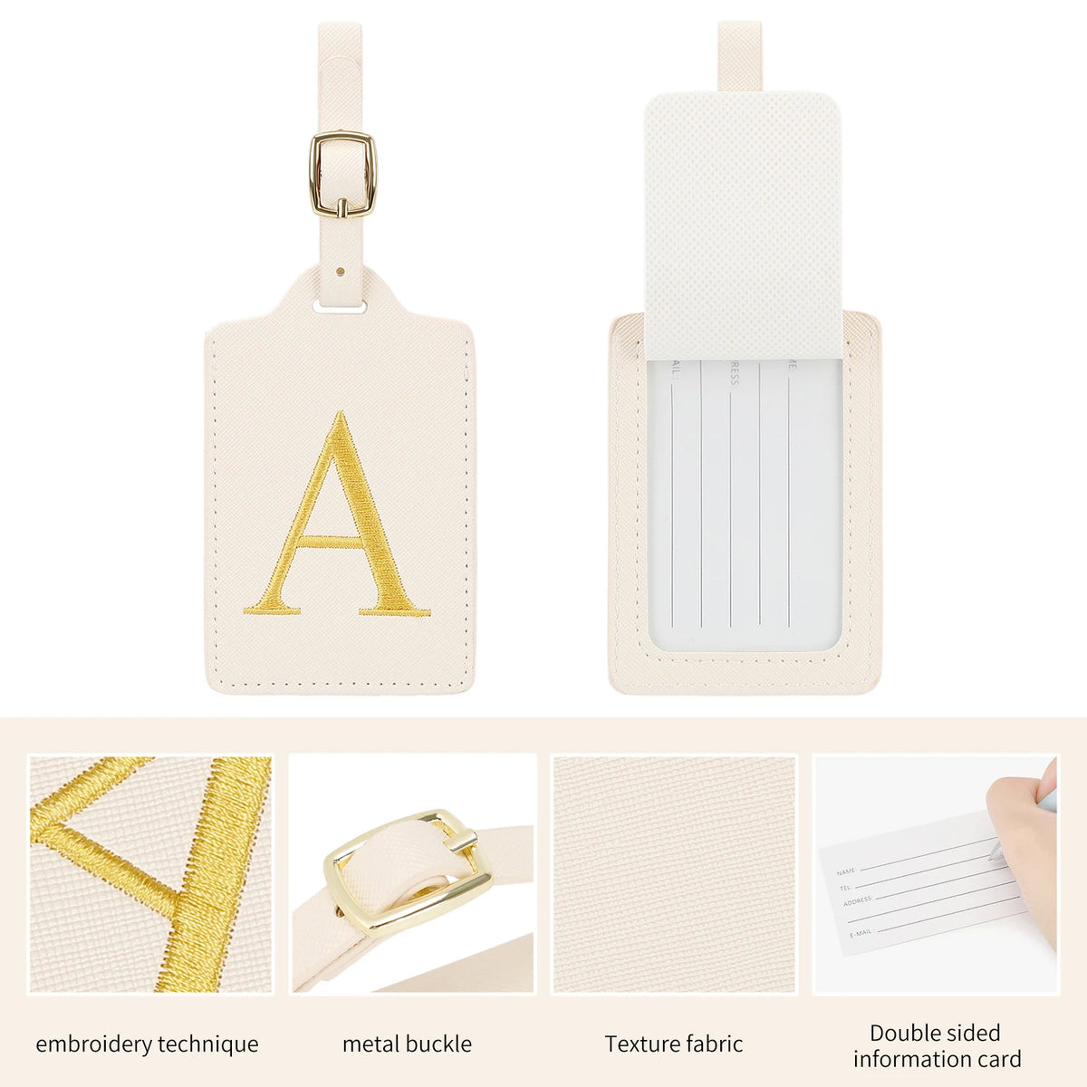 Étiquette de bagage en cuir brodée personnalisée avec la lettre A sur fond beige clair.