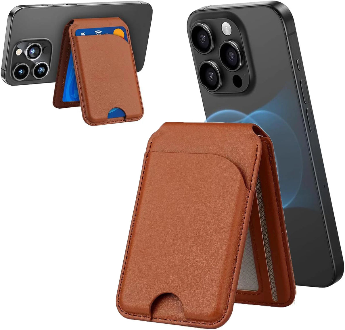 Portefeuille magnétique en cuir marron et support de téléphone à côté d'un iPhone.
