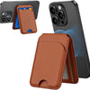 A brown leather MagSafe magnetic card holder wallet for an iPhone shown in various angles.
