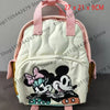 Mochila de peluche con dibujo de ratón pato rosa y blanco con gráficos de Mickey Mouse.