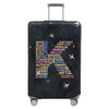 A black stretch fabric luggage protection cover with silver handles and wheels.