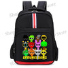 Black backpack featuring colorful cartoon characters and a red stripe design.