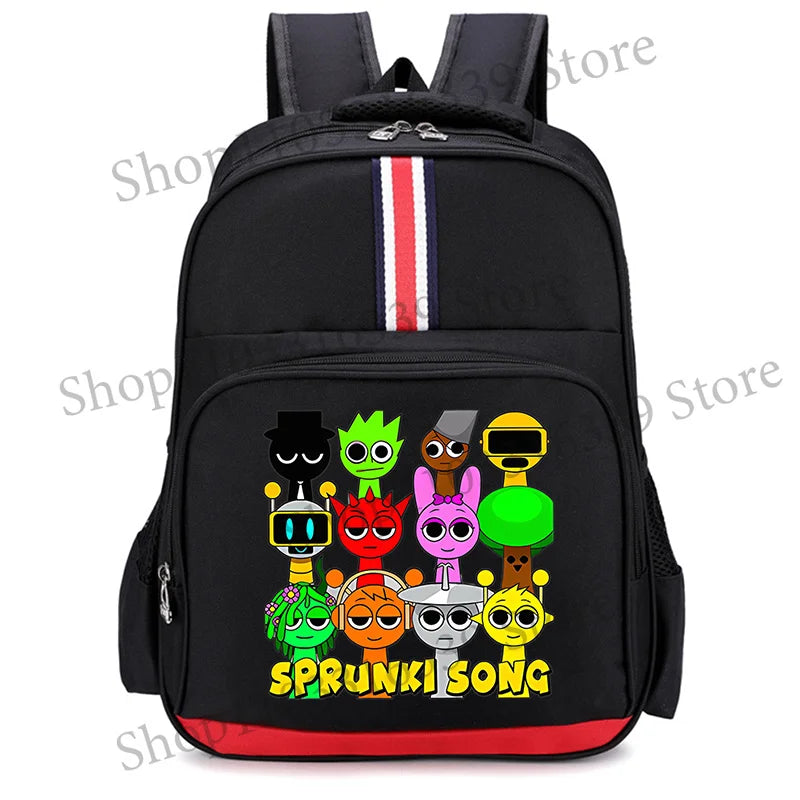 Black backpack featuring colorful cartoon characters and a red stripe design.