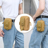 A tan tactical camo leg bag fanny pack worn on a person's hip.