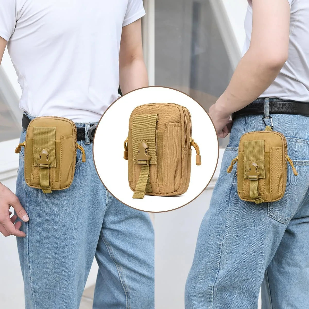 A tan tactical camo leg bag fanny pack worn on a person's hip.