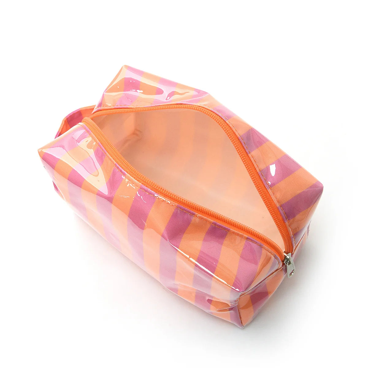 Sac de rangement cosmétique transparent avec des rayures orange et rose, vue de dessus.