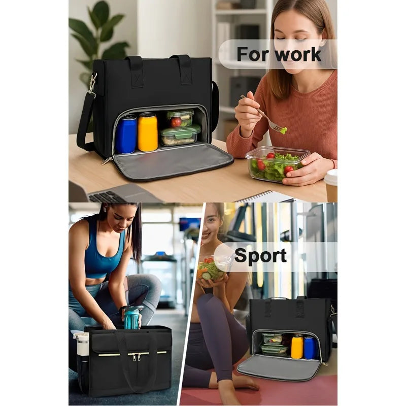 A woman is shown using an insulated laptop lunch tote for work and sport.