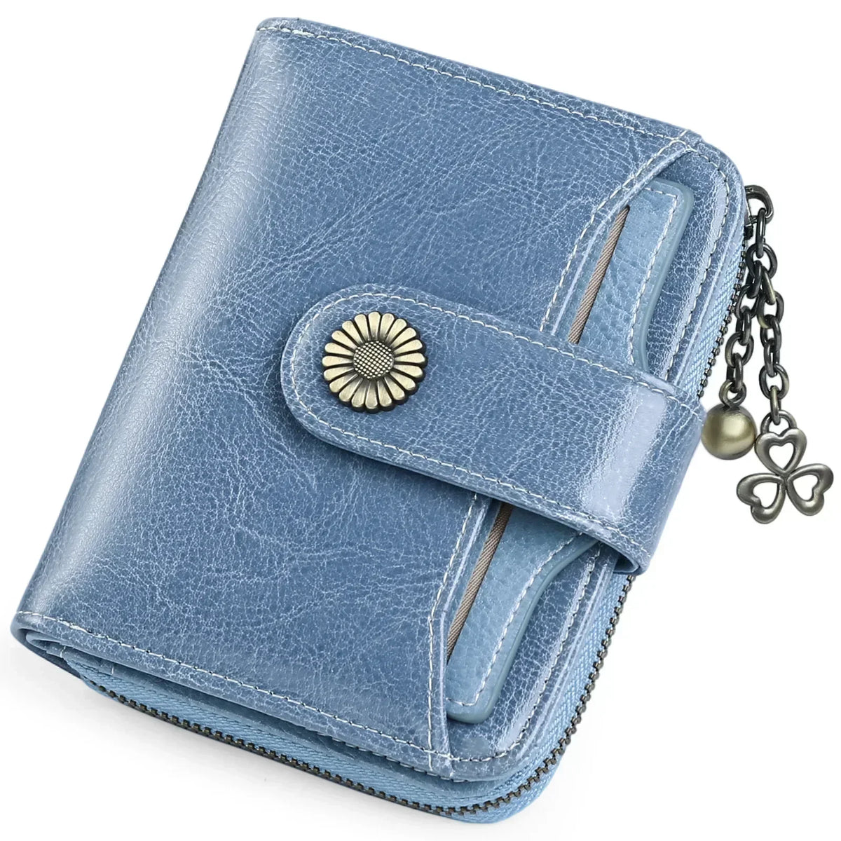 A light blue leather wallet with a clasp closure and card slots, featuring a decorative gold stud and a chain.