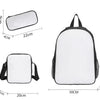A white anime character kids backpack shown in multiple views and dimensions.