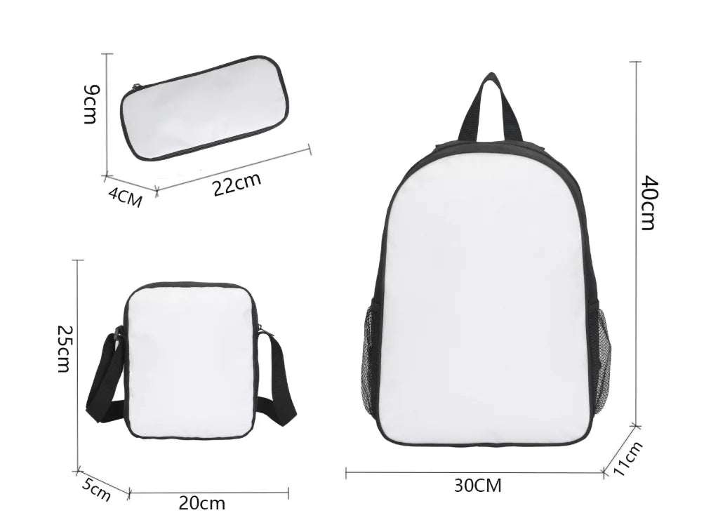 A white anime character kids backpack shown in multiple views and dimensions.