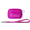 A bright pink Iris checkered wallet with an ID window and a matching strap.