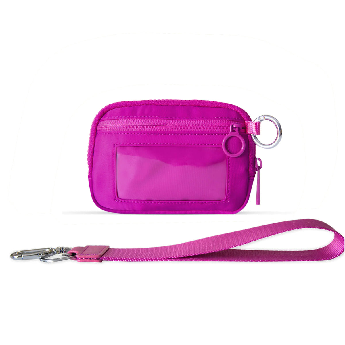 A bright pink Iris checkered wallet with an ID window and a matching strap.