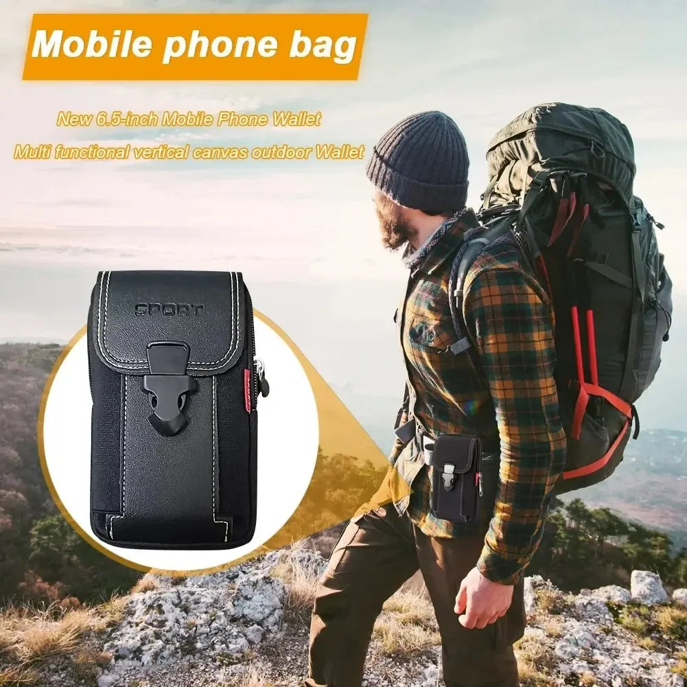 A man wearing a plaid shirt is carrying a black mobile phone bag on his backpack outdoors.