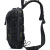 A black tactical multi-pocket sling bag with a padded shoulder strap is shown against a white background.