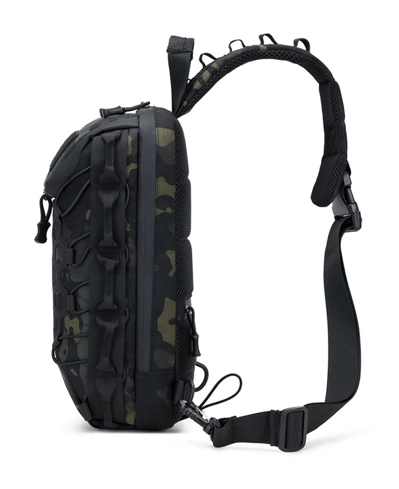 A black tactical multi-pocket sling bag with a padded shoulder strap is shown against a white background.