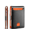 A black and orange men's carbon fiber microfiber wallet with a protective sleeve.