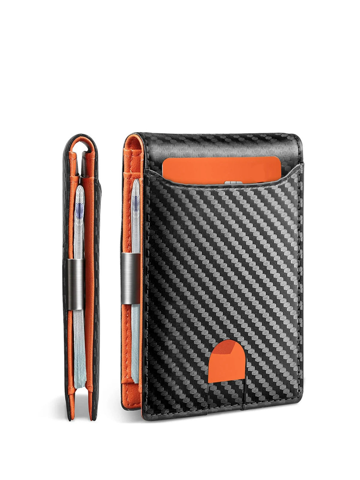 A black and orange men's carbon fiber microfiber wallet with a protective sleeve.