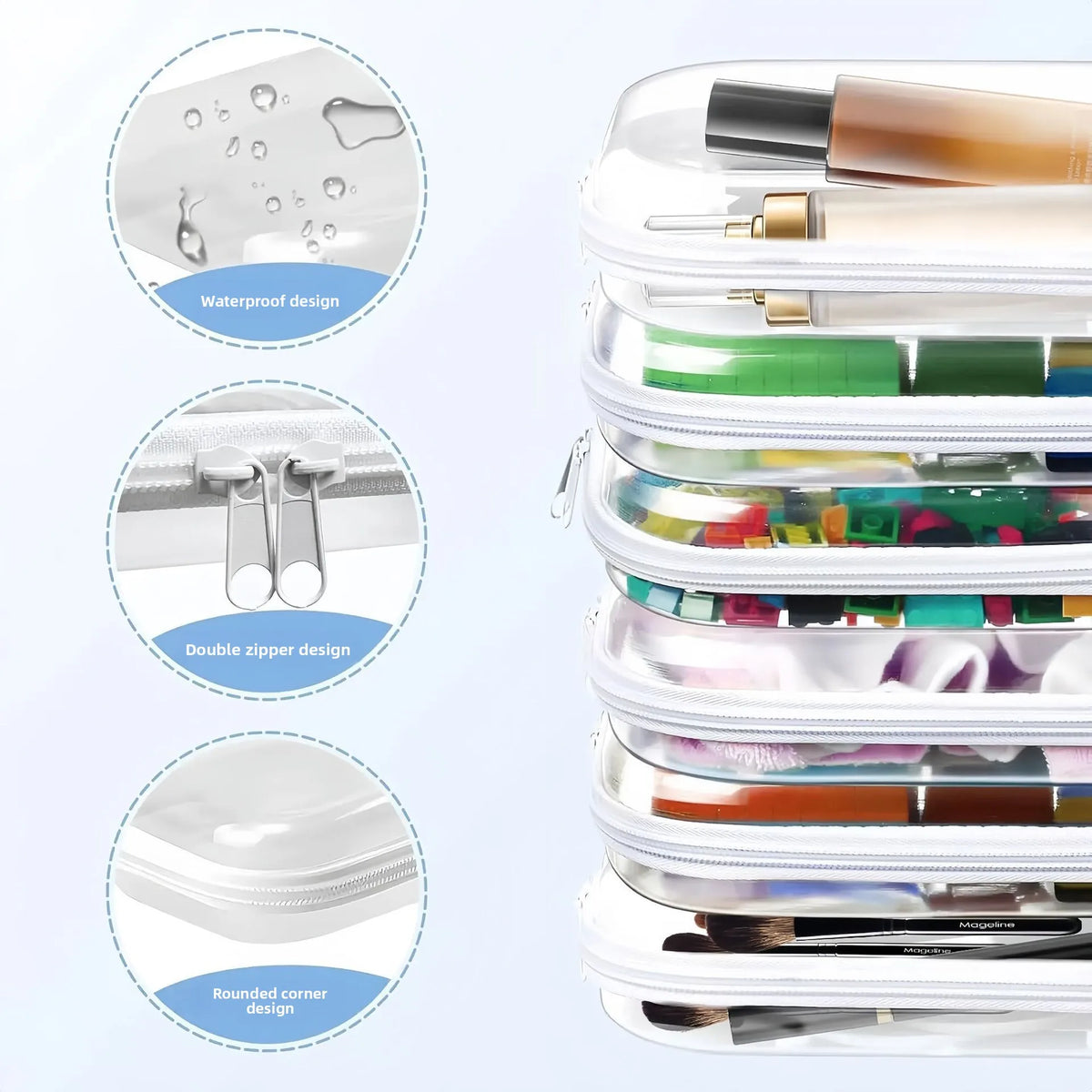 A stack of clear zippered pouches and a cosmetic tube demonstrating waterproof, double zipper, and rounded corner designs for