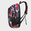 A versatile unisex backpack featuring a bold geometric pattern in red, black, and white.