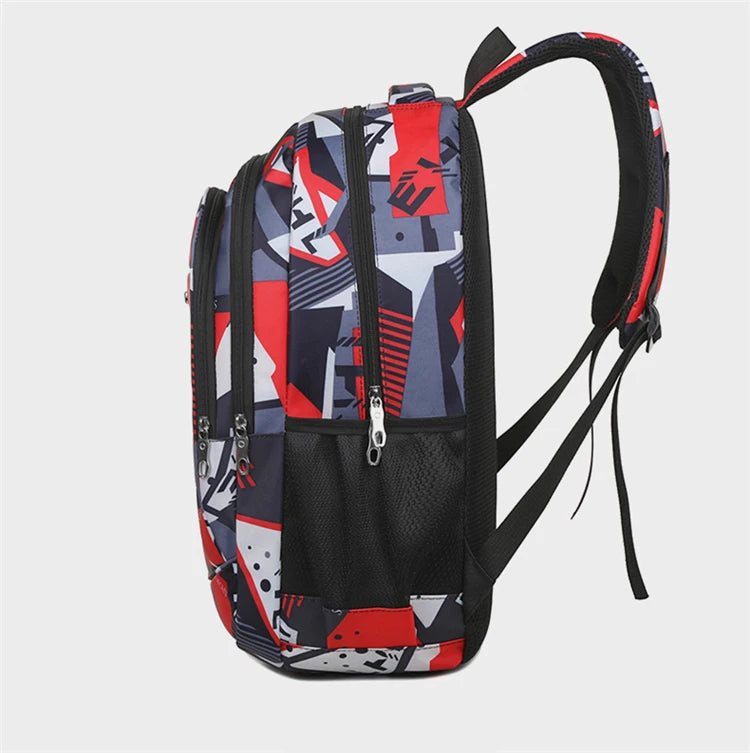 A versatile unisex backpack featuring a bold geometric pattern in red, black, and white.