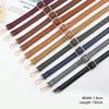 A collection of adjustable PU leather crossbody bag straps in various brown and navy colors shown laid out.