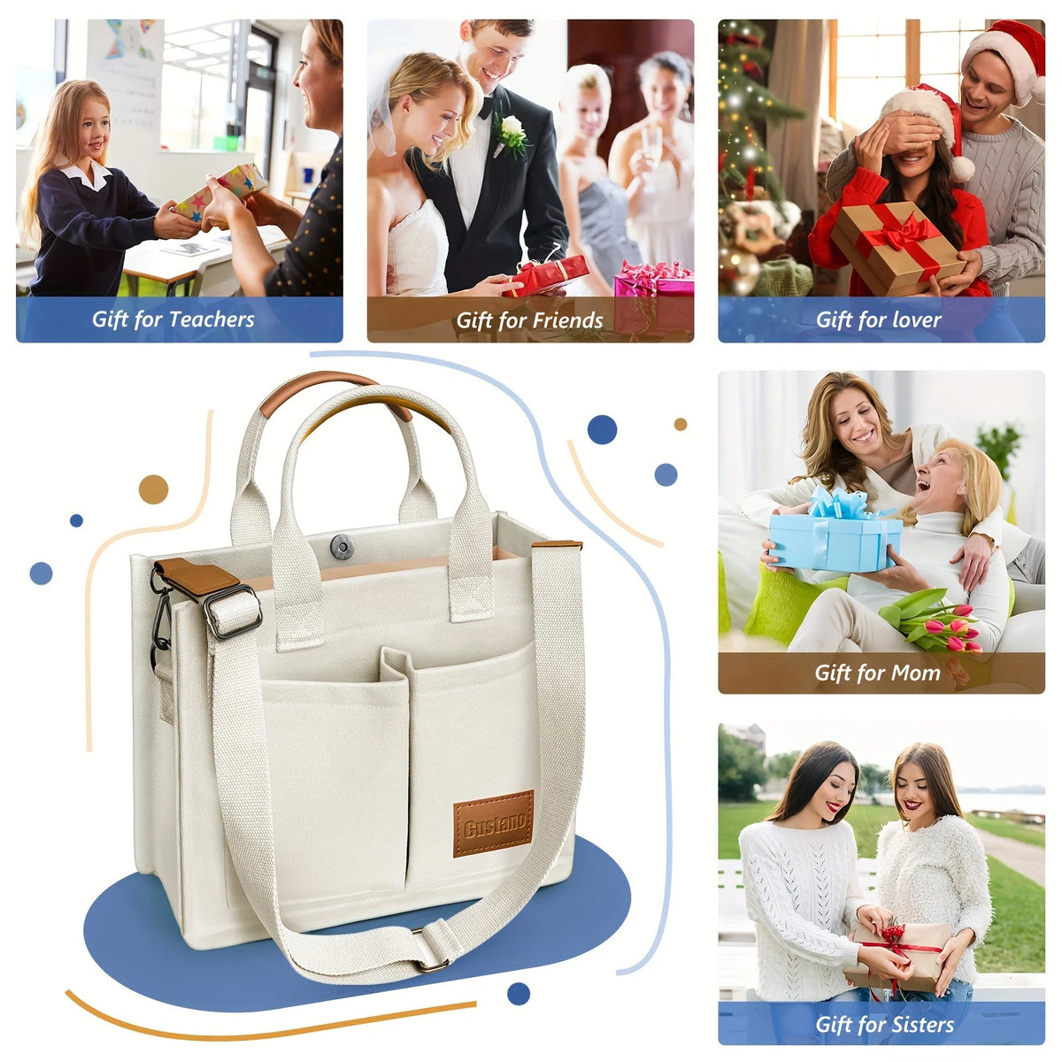 A beige canvas tote handbag with leather accents shown alongside various gift options.