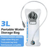 A clear portable water storage bag with a flexible tube and a gray filling port.