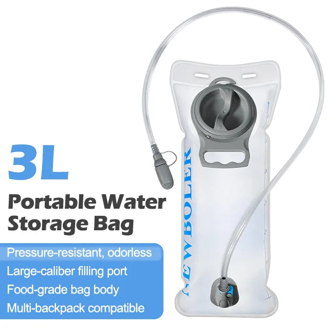 A clear portable water storage bag with a flexible tube and a gray filling port.