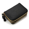 Black PU leather card and ID wallet with gold stitching and a zipper pull