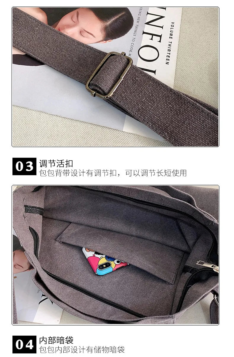 Close-up view of a dark gray canvas tote bag showing interior features and a printed letter design.