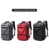 Three heavy duty laptop backpacks in black, red, and gray are displayed side by side.