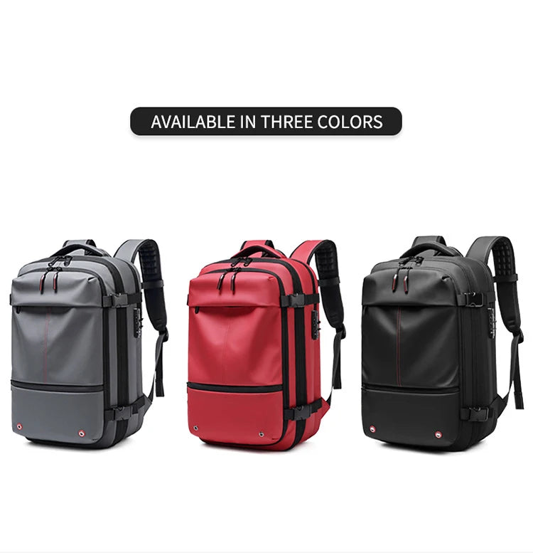 Three heavy duty laptop backpacks in black, red, and gray are displayed side by side.