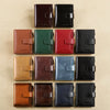 A grid of ten vintage leather RFID-blocking wallets in various shades of brown, green, red, and black.