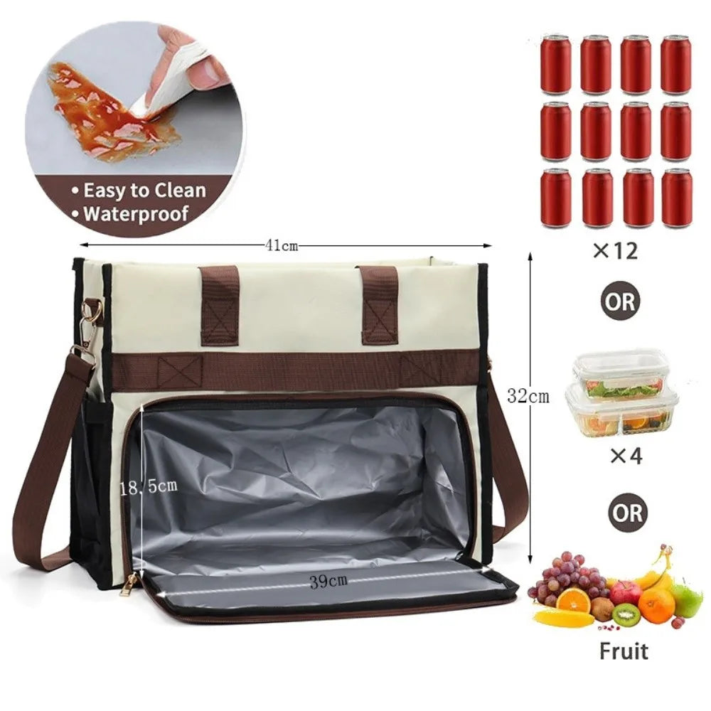 Isoliertes Stoff-Lunchbeutel mit Trageriemen, gezeigt mit Aufbewahrungsmöglichkeiten und Obst.