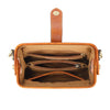 A tan genuine leather crossbody bag with a brown leather strap and buckle closure.