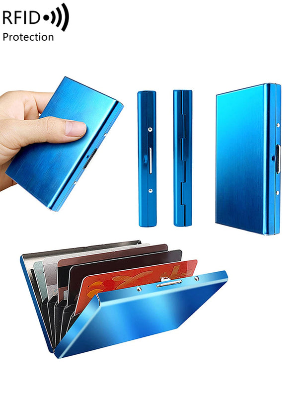 A blue stainless steel card holder with multiple cards inside, shown from a top-down angle.