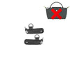 A black leather crossbody strap with a red cross design and a metal clasp.