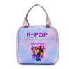 A purple insulated backpack featuring a K-Pop theme with a stylized illustration of a girl and a cat.
