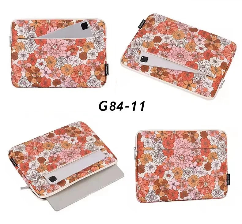 A floral patterned laptop sleeve in pink and orange for a MacBook Pro, shown from multiple angles.