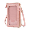 Hellrosa Touchscreen-Crossbody-Handytasche mit klarem Fenster und goldenen Details