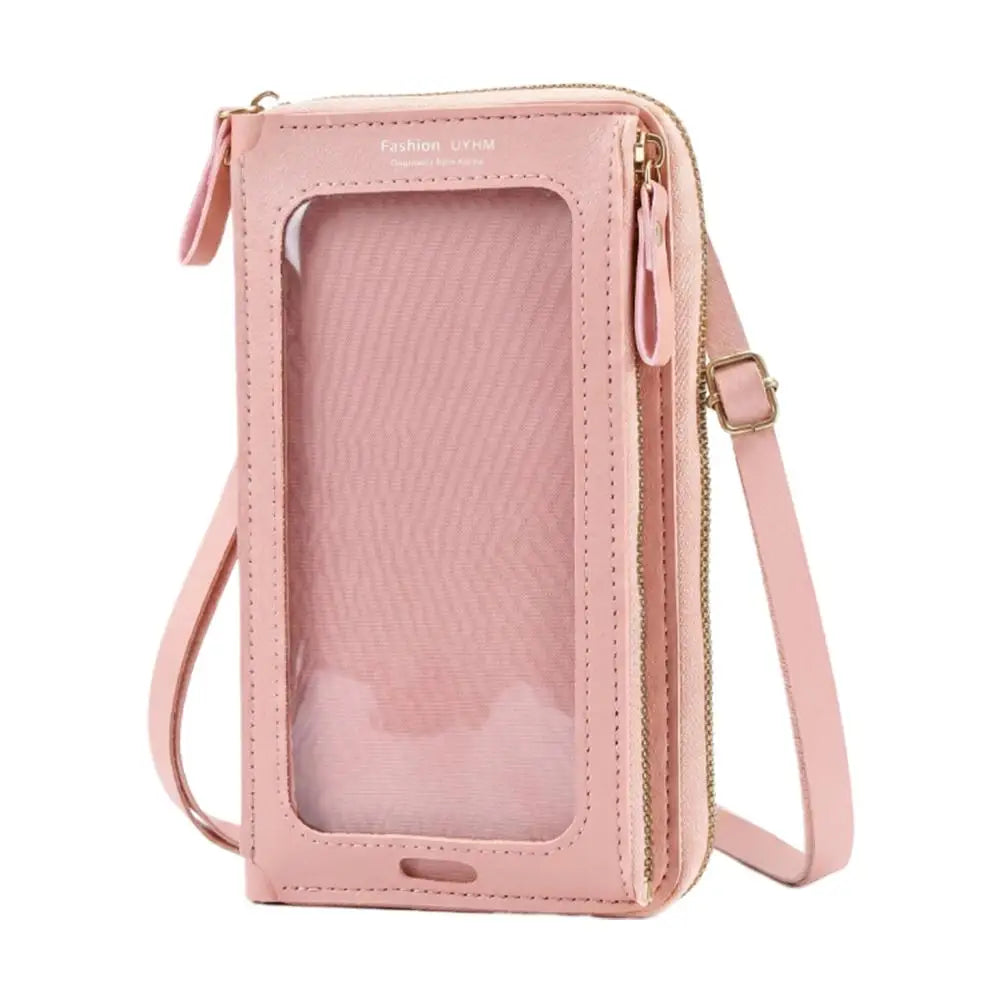 Hellrosa Touchscreen-Crossbody-Handytasche mit klarem Fenster und goldenen Details
