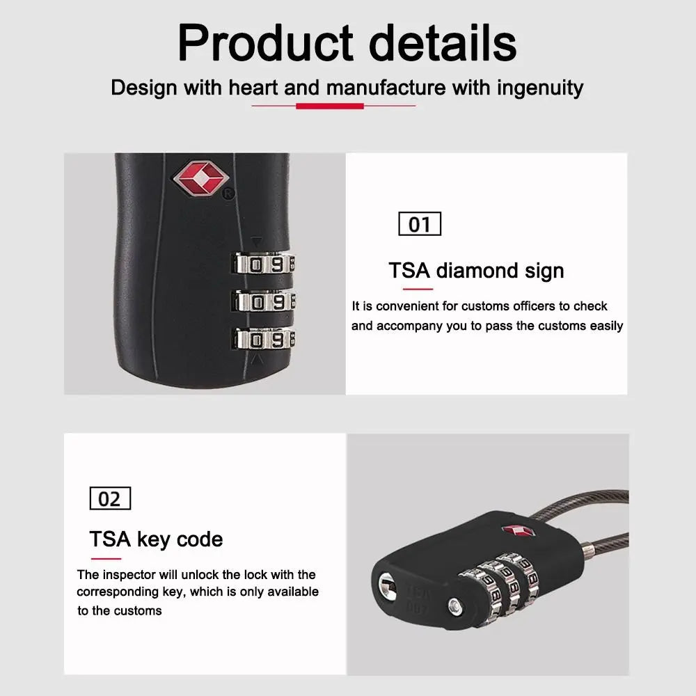 A black cable lock with a diamond sign and a key code is shown for luggage security.