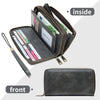 A black vintage double-zipper RFID blocking wallet shown with the inside and front views.